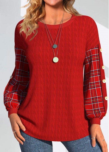 Modlily Plus Red Button Plaid Long Sleeve Sweatshirt - 1X