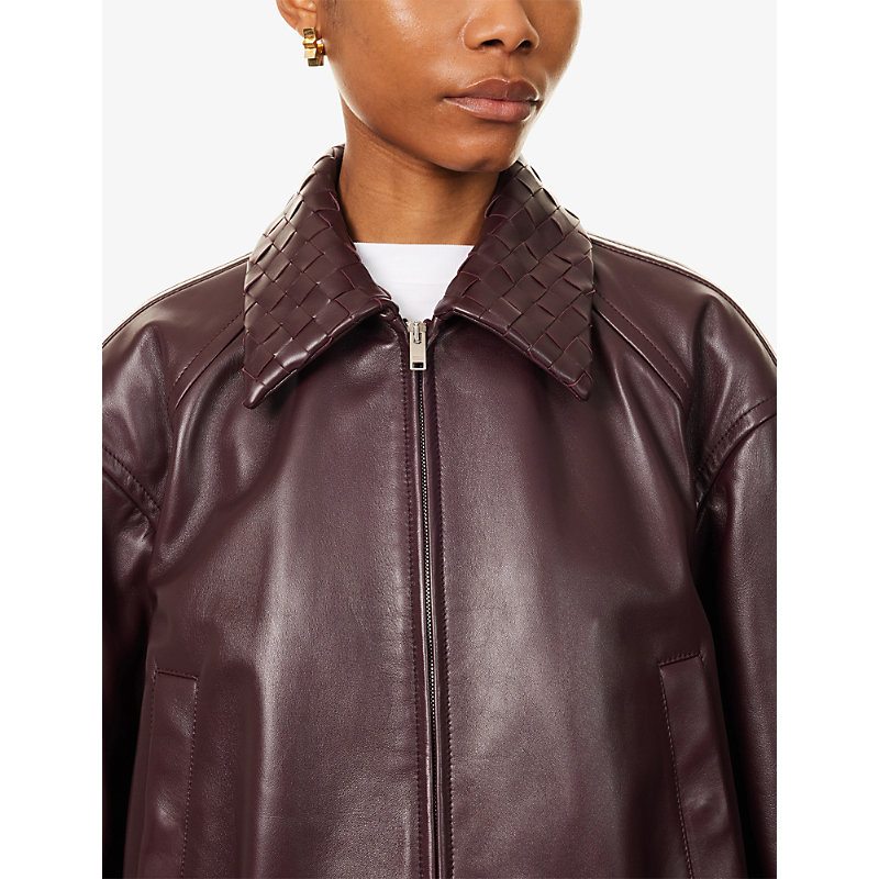 Womens Intrecciato-Collar Leather Bomber Jacket