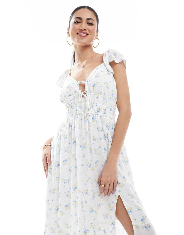 Hollister Womens short sleeve milkmaid midi slit dress in blue flora