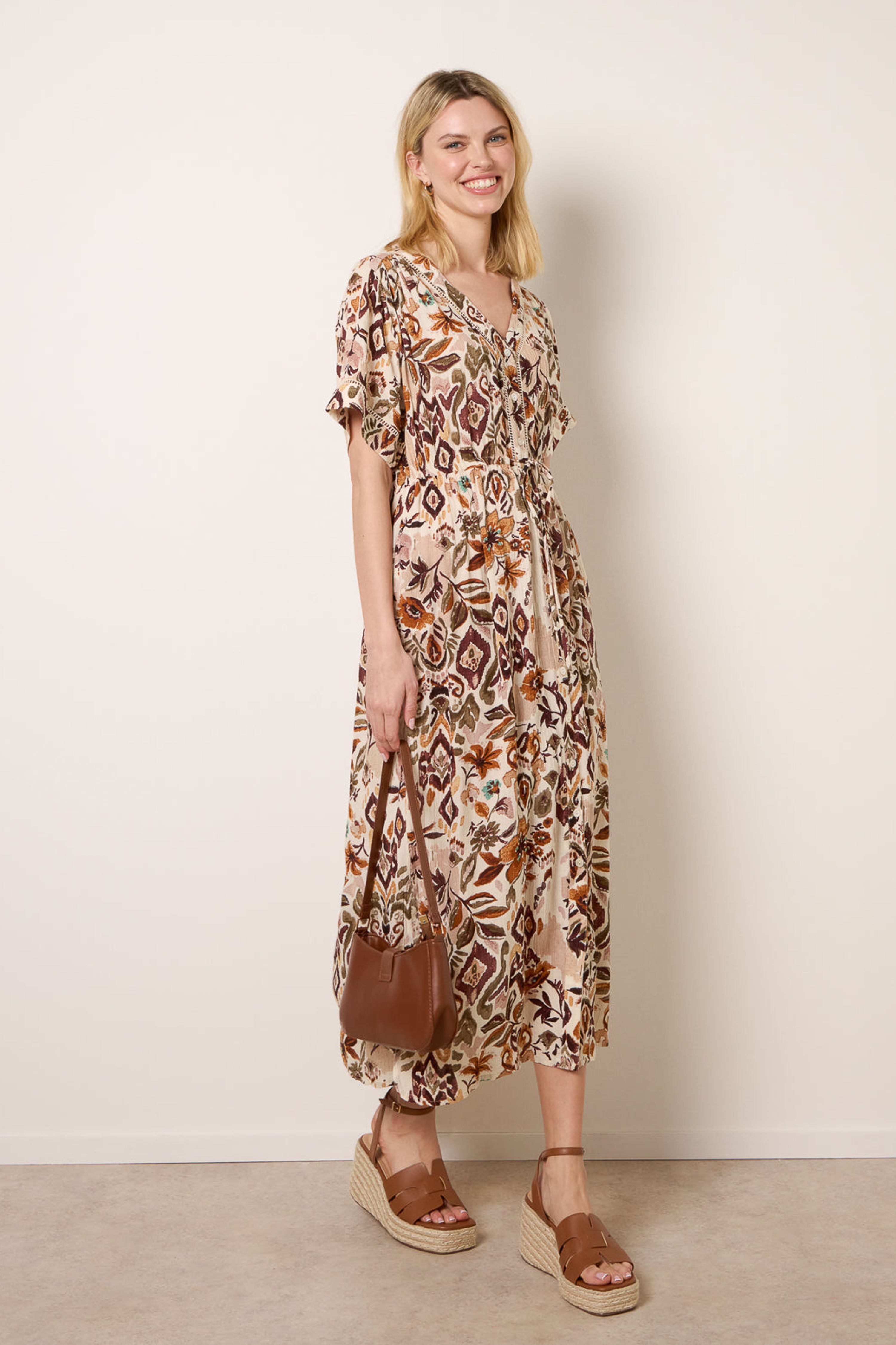 Blue Vanilla Women's Brown Printed Drawstring Waist Midi Dre