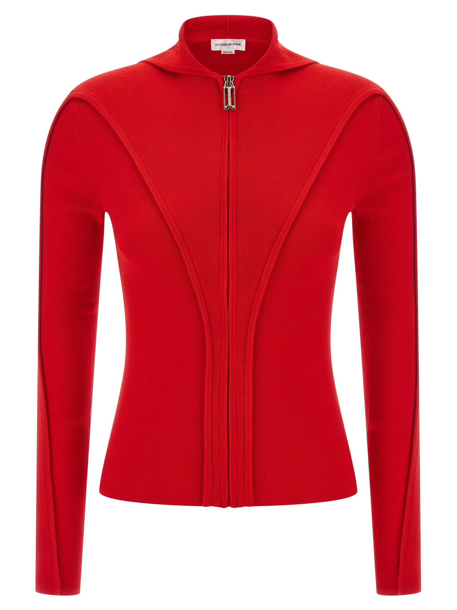 Ribbed Wool Zip-Through Jacket — Red