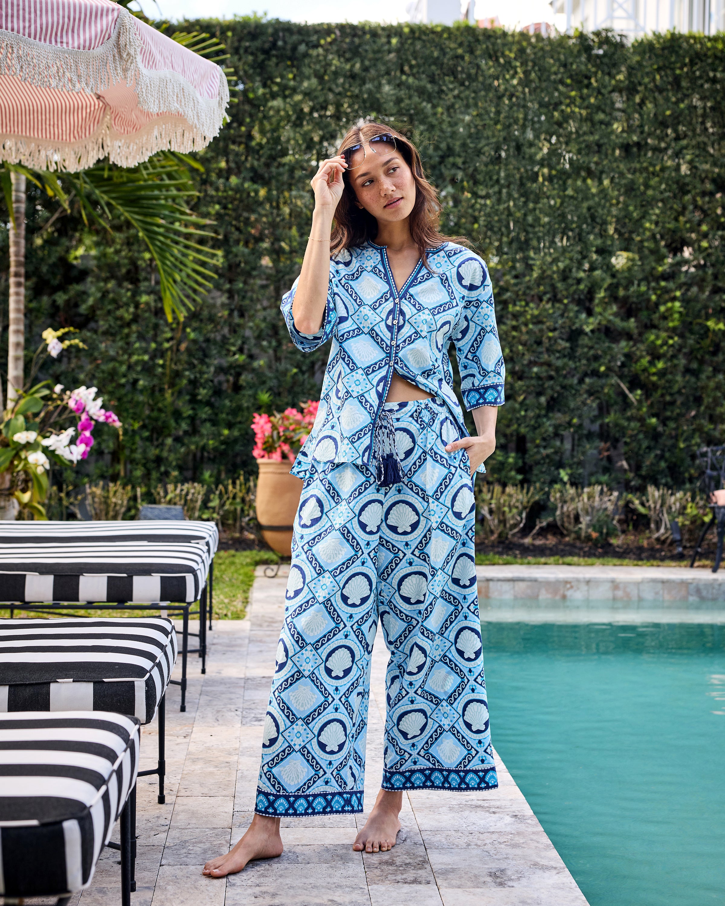 Organic Cotton Top & Pant Matching Set in Tide & Tile | Women's XS | Blue | Summer Outfit