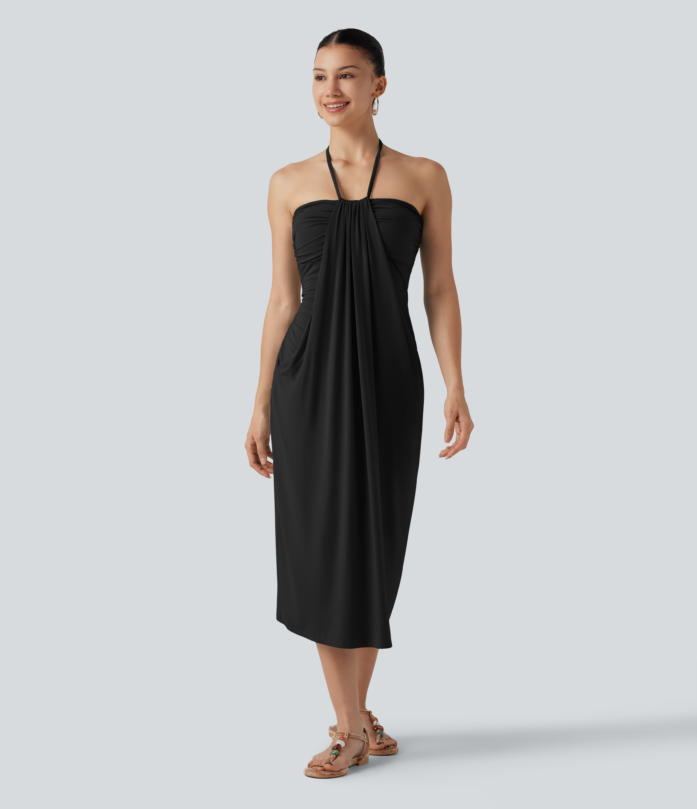 Halter Tie Back Built-in Bra Midi Resort Dress with Pockets Casual Dress - Black