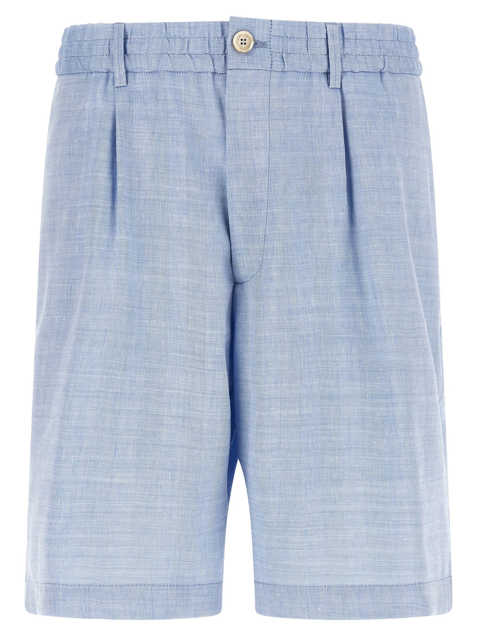Chevron Linen-Wool Blend Bermuda Shorts — Blue