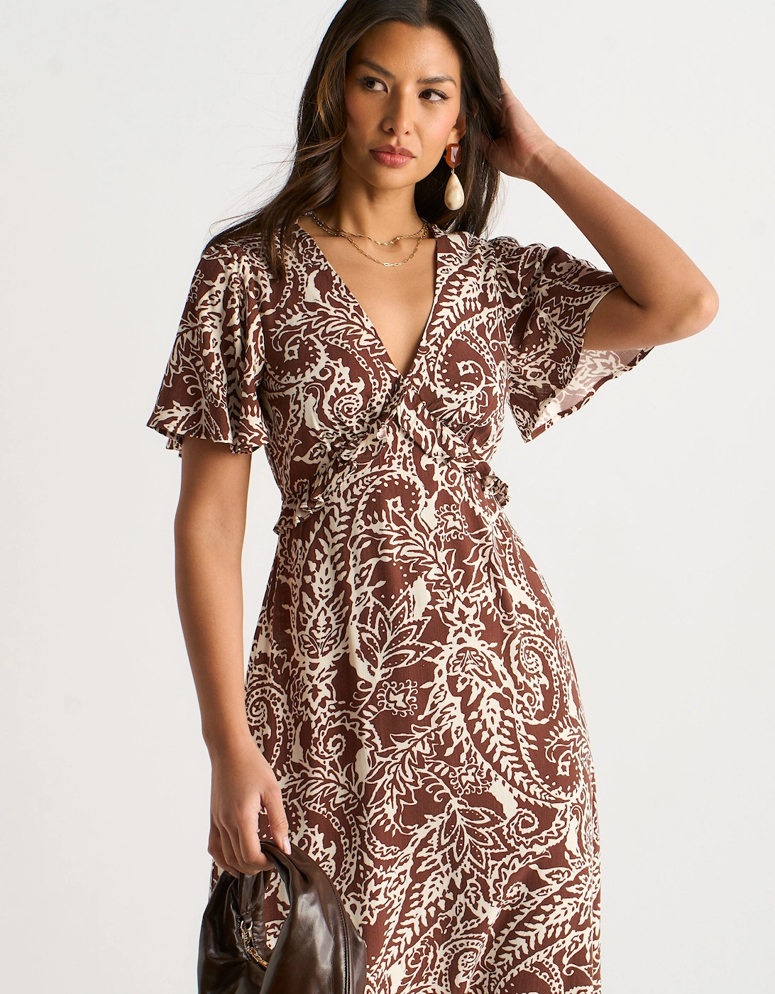 Gini London Women's Chocolate Paisley Print Ruffle Midi Dre