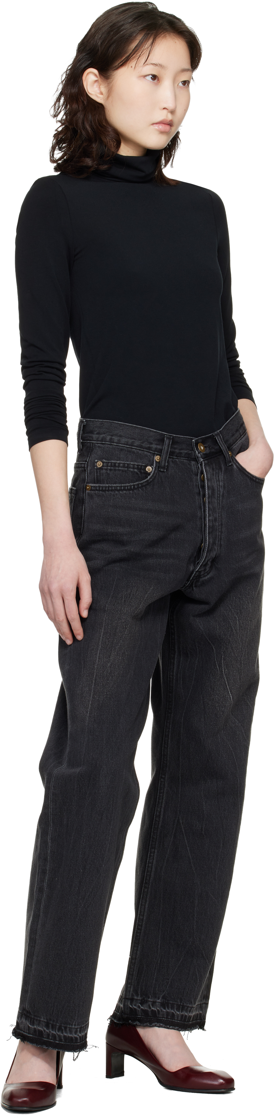 Black Frayed Hem Loose Straight Denim Jeans