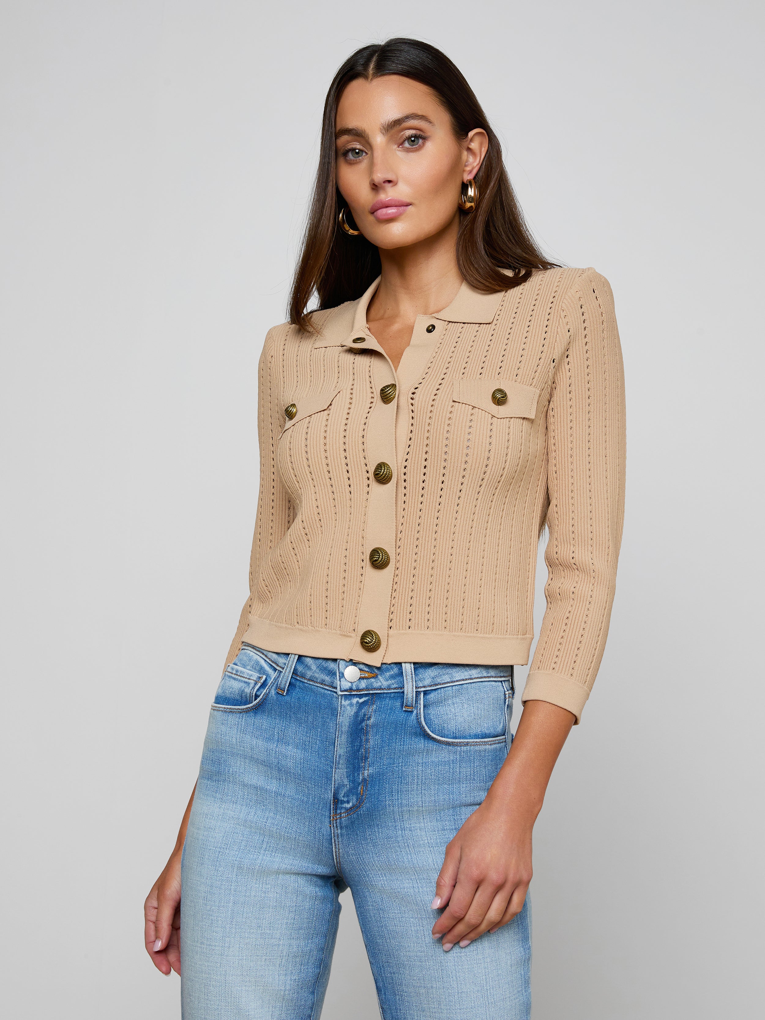 Risa Collared Cardigan In Light Almond/gold