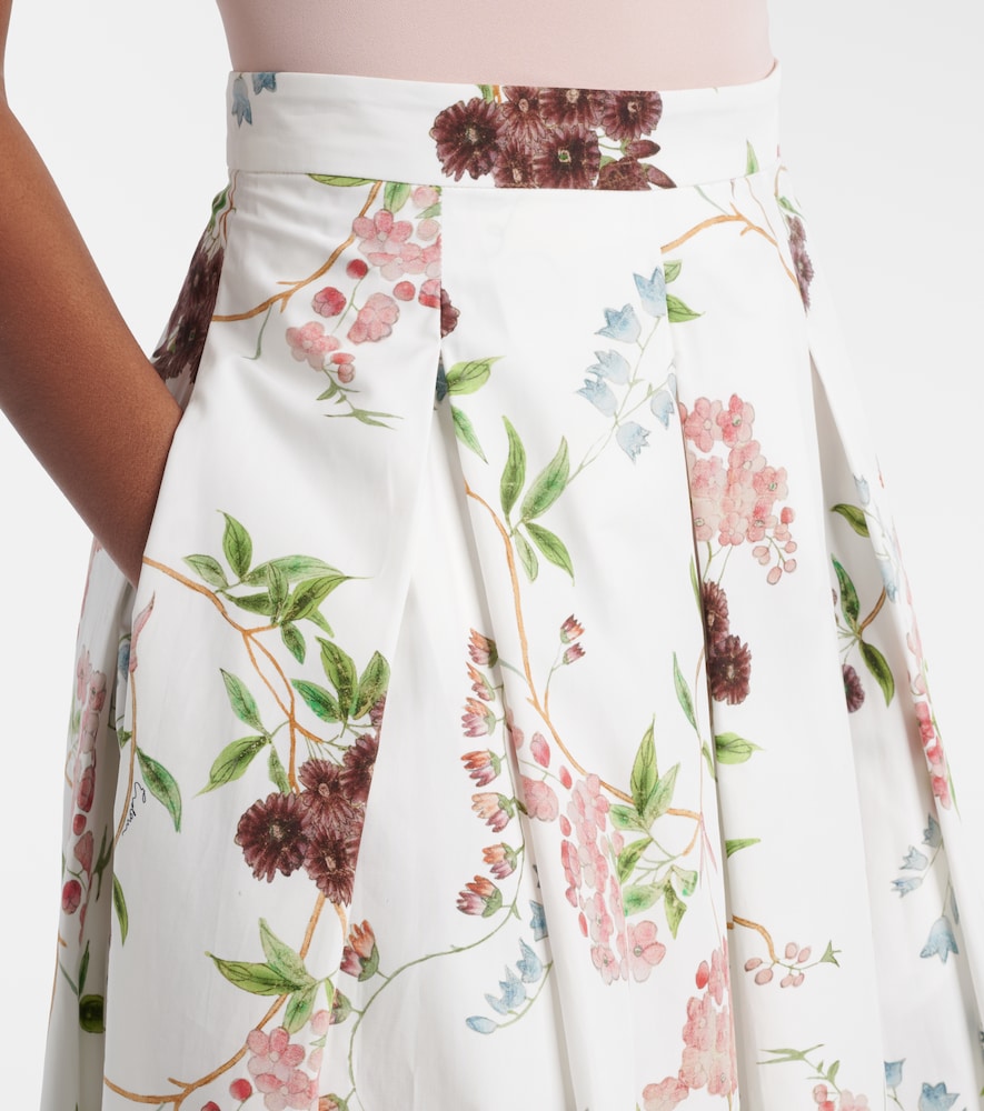 Floral pleated cotton poplin midi skirt
