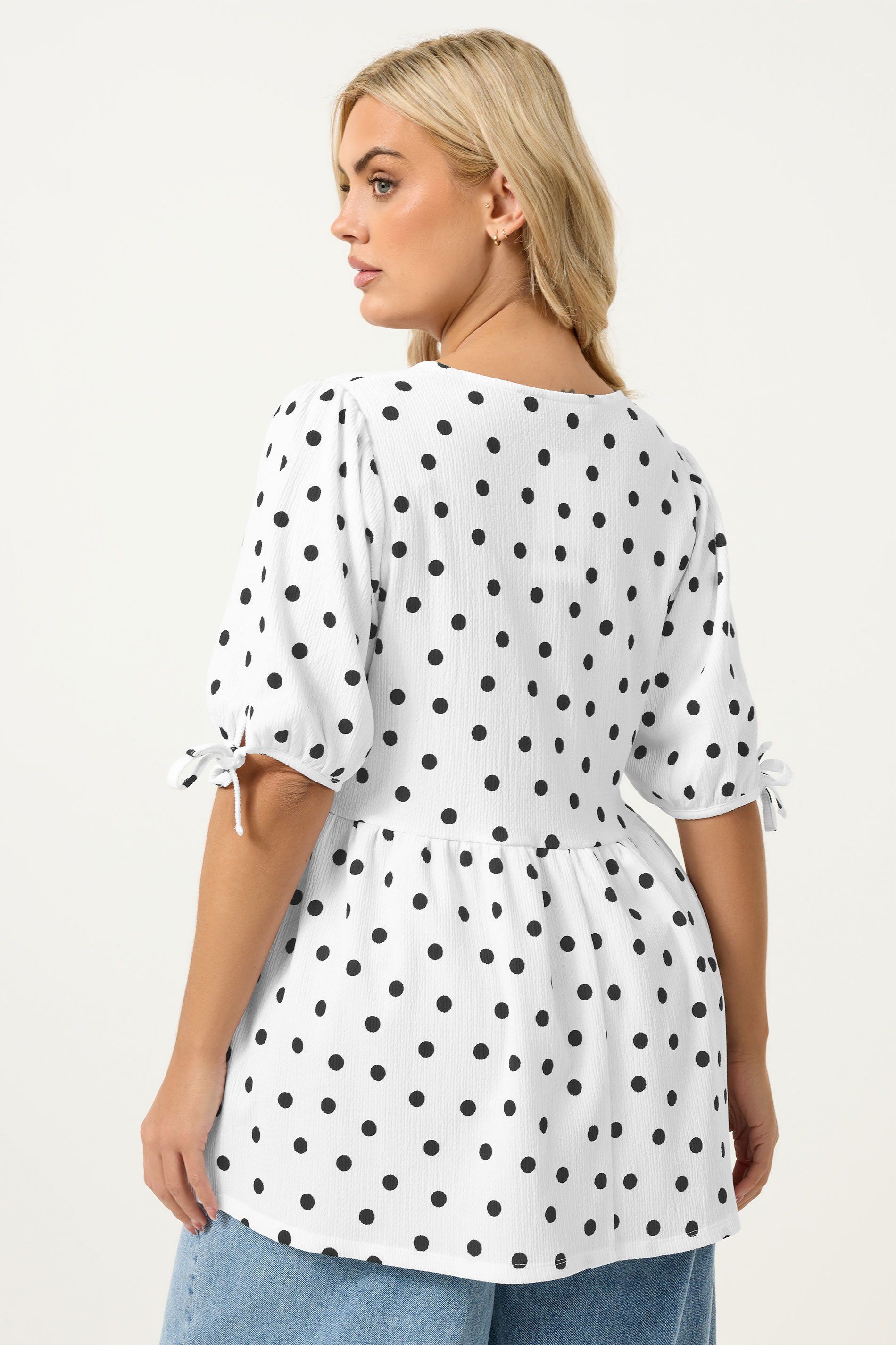 Yours Polka Dot Bow Front Peplum Top In White