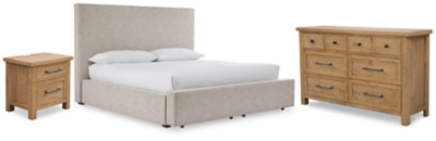 Kristiland King Upholstered Storage Bed with Dresser and Nightstand, Light Brown