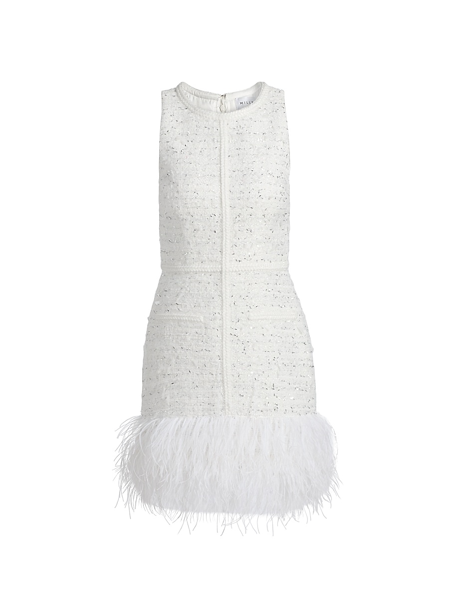Women's Raven Feather-Trim Metallic Tweed Minidress - White Silver