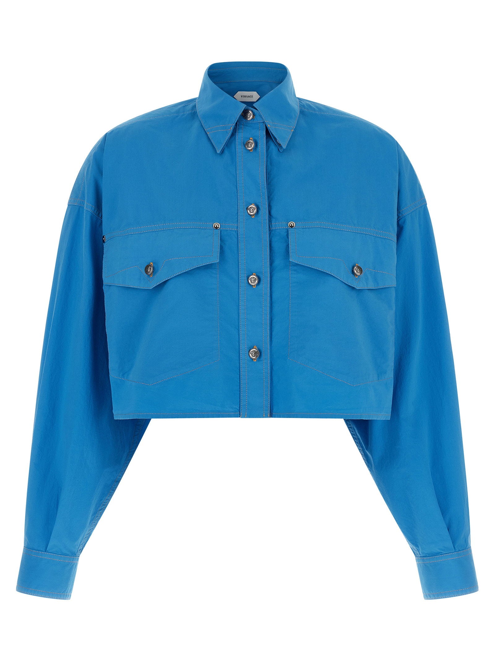 Medusa-Button Cotton Poplin Shirt — Blue