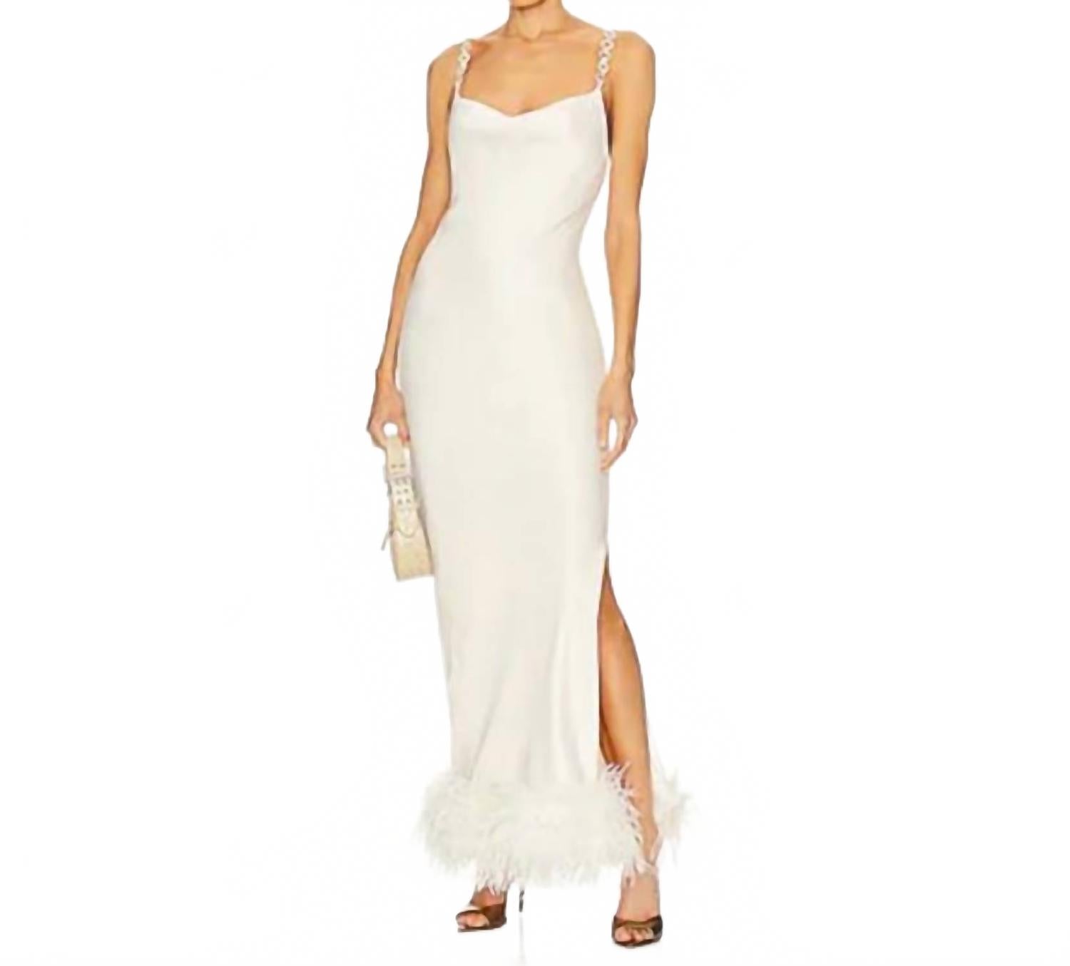 Feather Trim Slip Dress In White