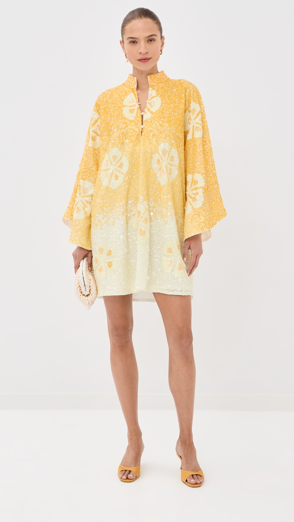 Sequin Hawaiian Flower Mini Caftan Yellow & White One Size