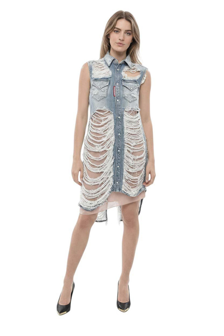 Blue Distressed Shirt Collar Midi Dress