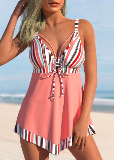 Modlily Striped Hanky Hem Bowknot Peach Pink Swimdress Top