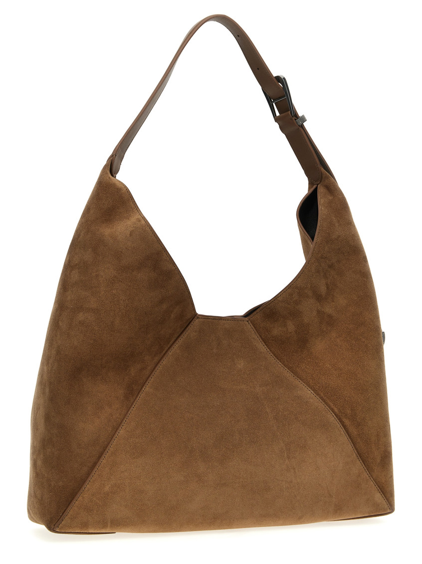Suede shoulder bag with engraved logo