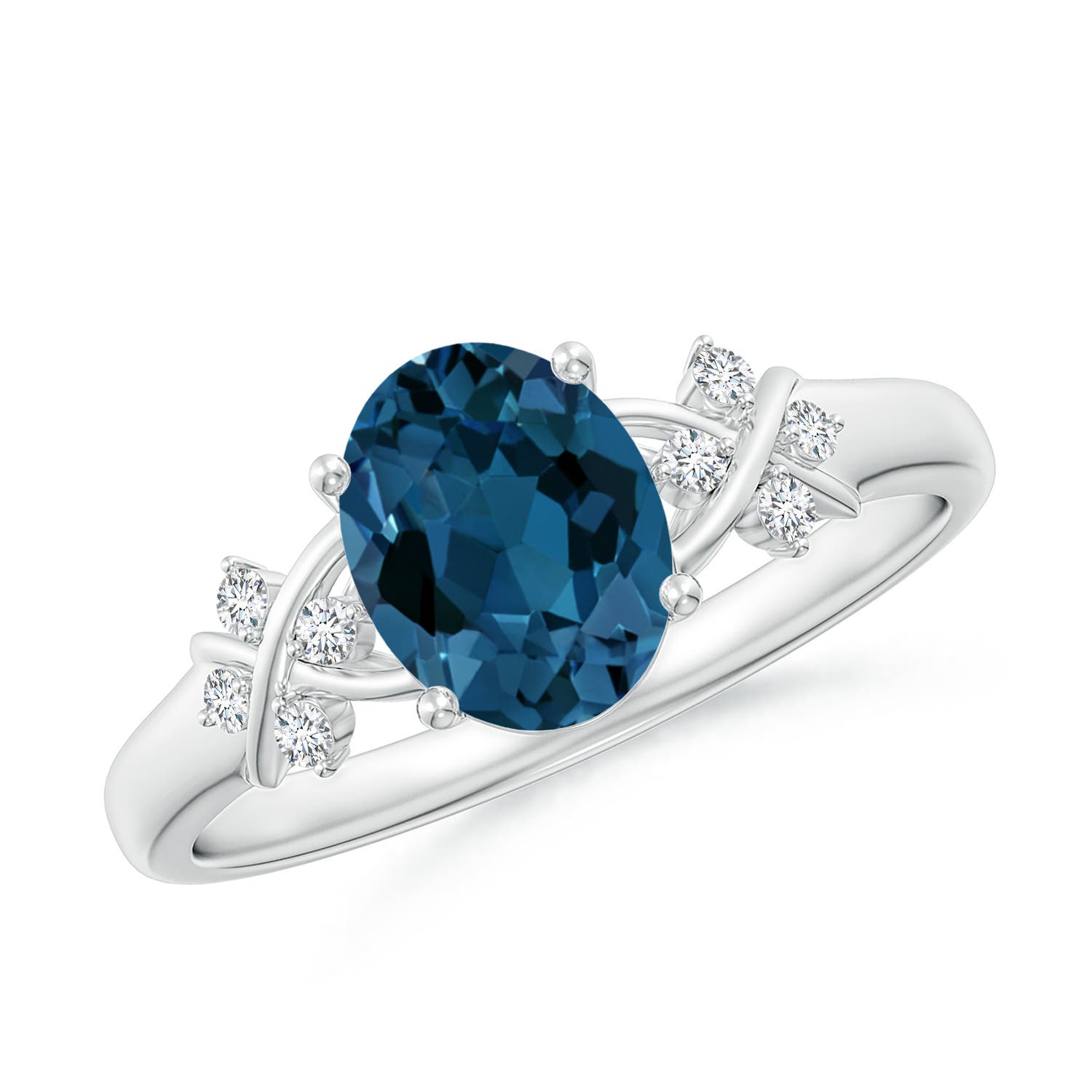 Angara 1.5 Carats Oval London Blue Topaz Criss Cross Ring with Diamonds in Platinum