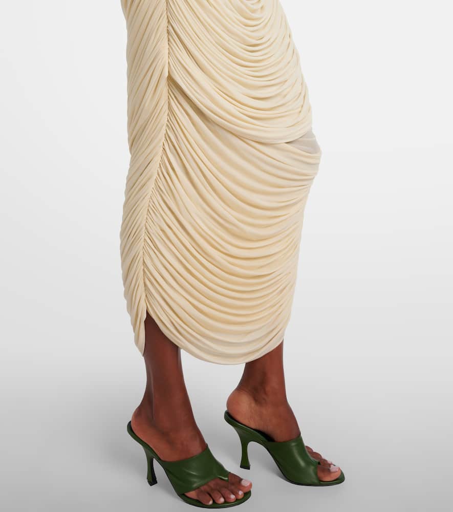 Floral-appliqué draped ruched gown