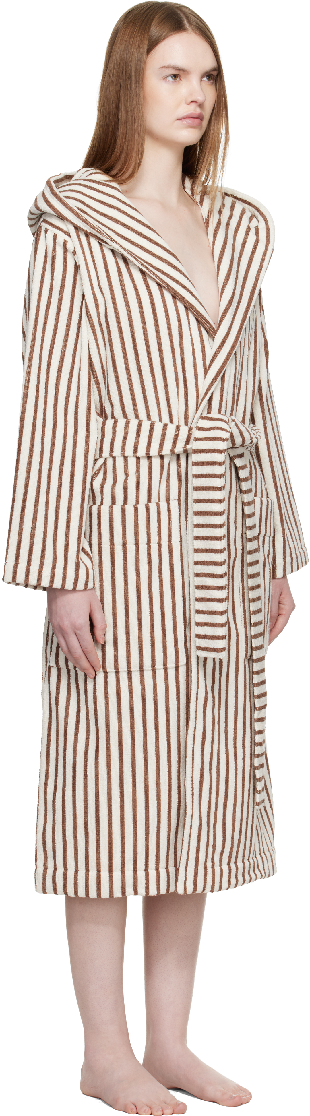 Off White & Brown Terry Hooded Bathrobe