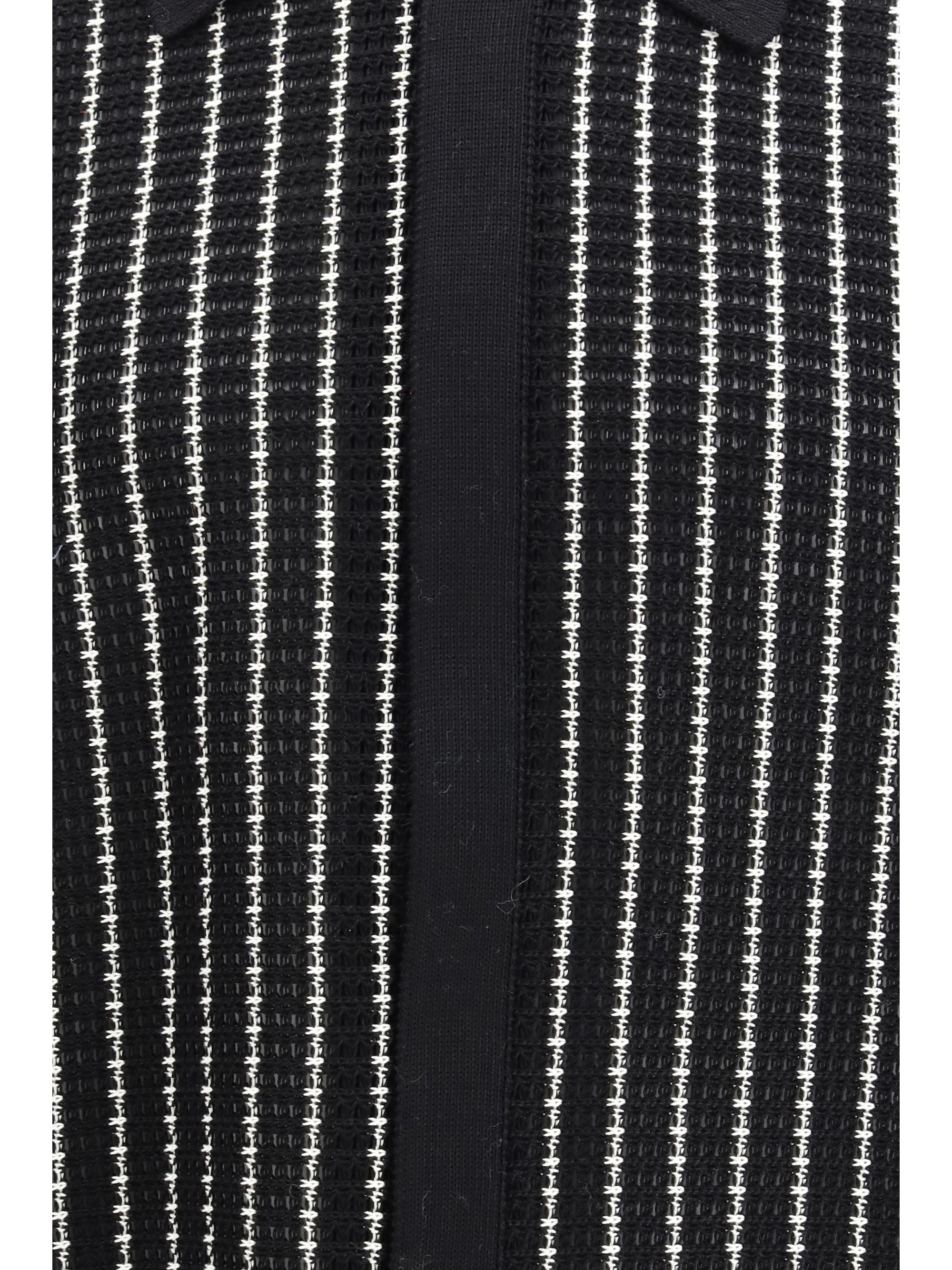 Striped Embroidered Crochet Cotton Cardigan — Black