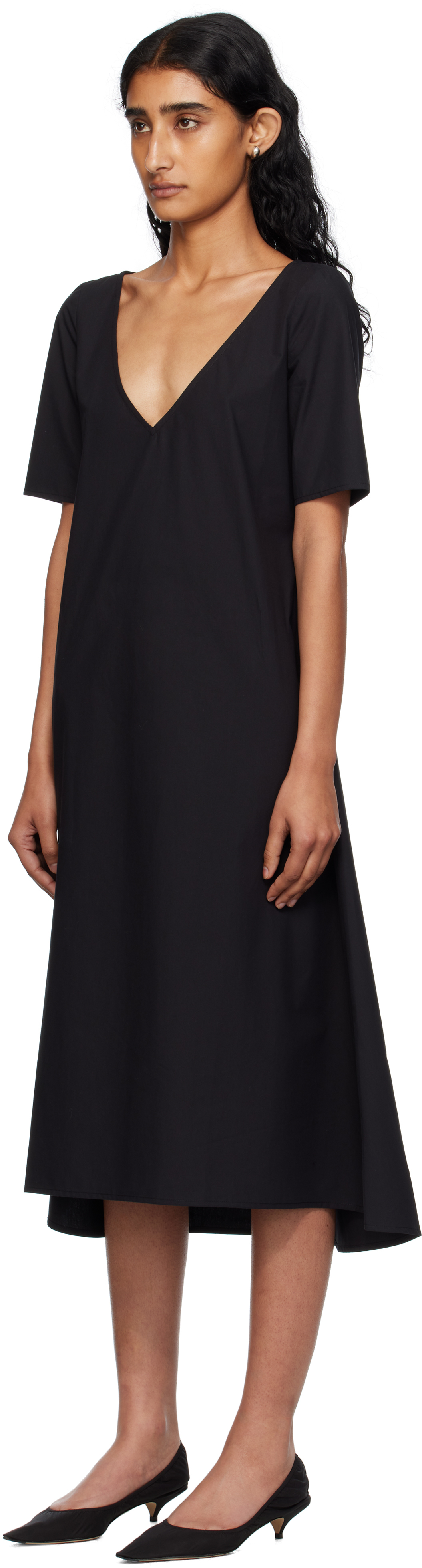 Black Cotton Poplin Midi Dress