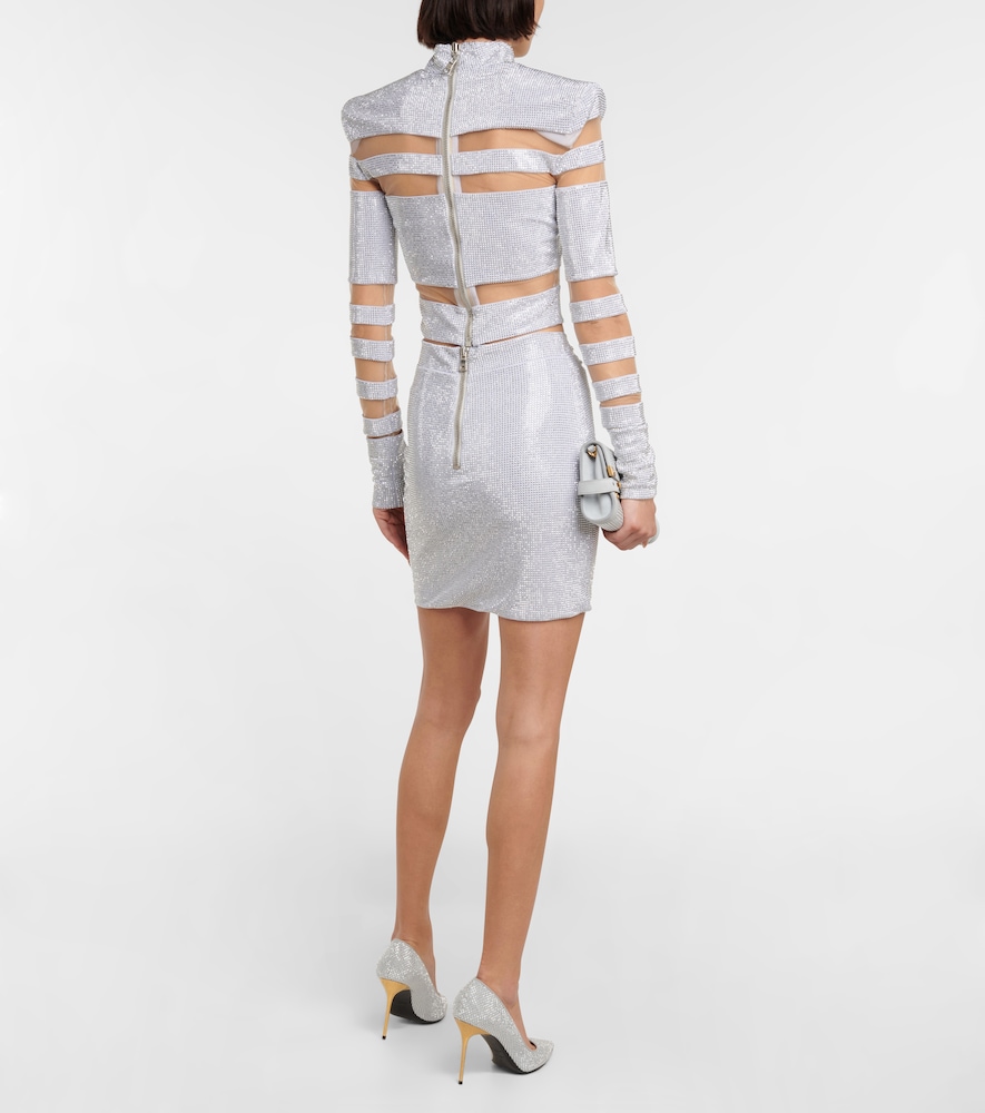 Mesh-paneled embellished top