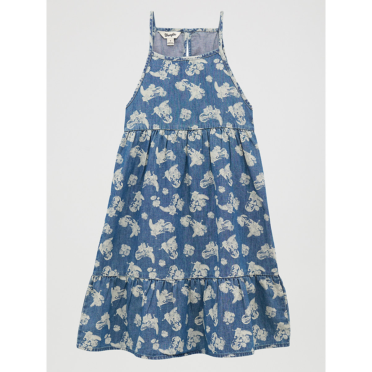 Girl's Sleeveless Printed Denim Swing Dress in Floral Blue