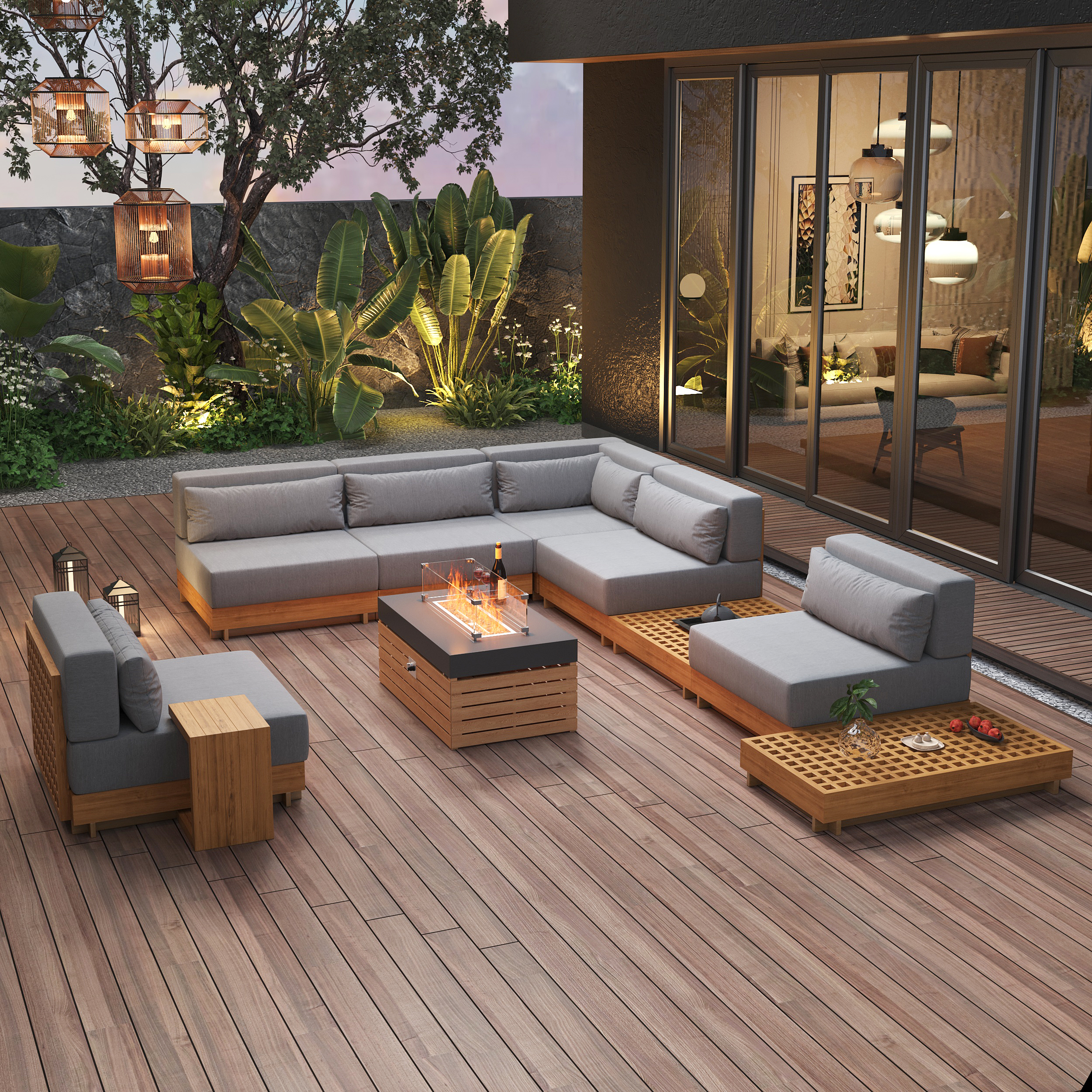 Grida 991 mm Propane Gas Fire Pit Table With Glass & Teak Modular Outdoor Sectional Sofa Set