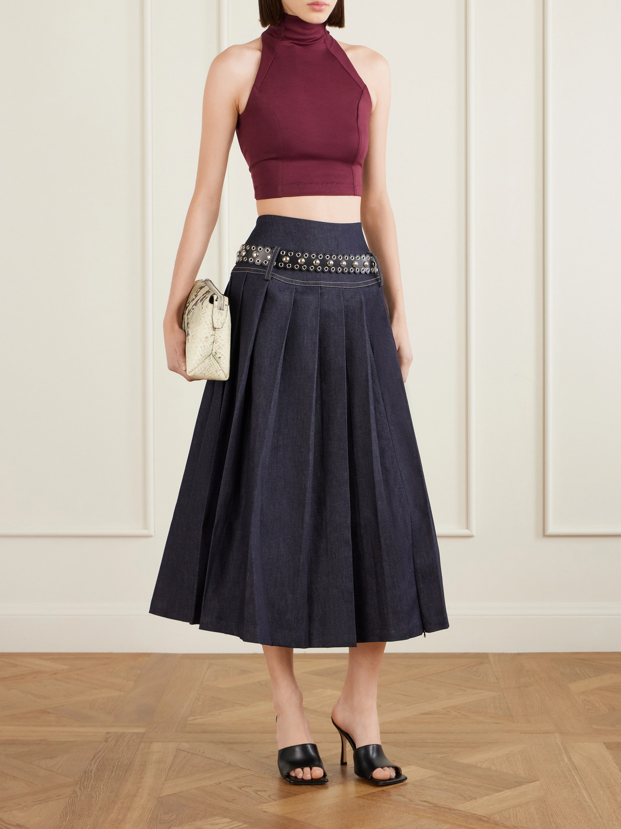 Pleated Denim Maxi Skirt - Blue