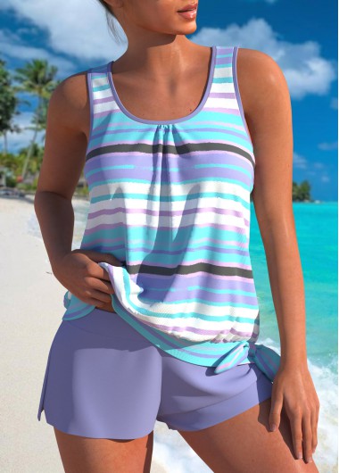 Modlily Bowknot High Waisted Multi Stripe Print Tankini Set