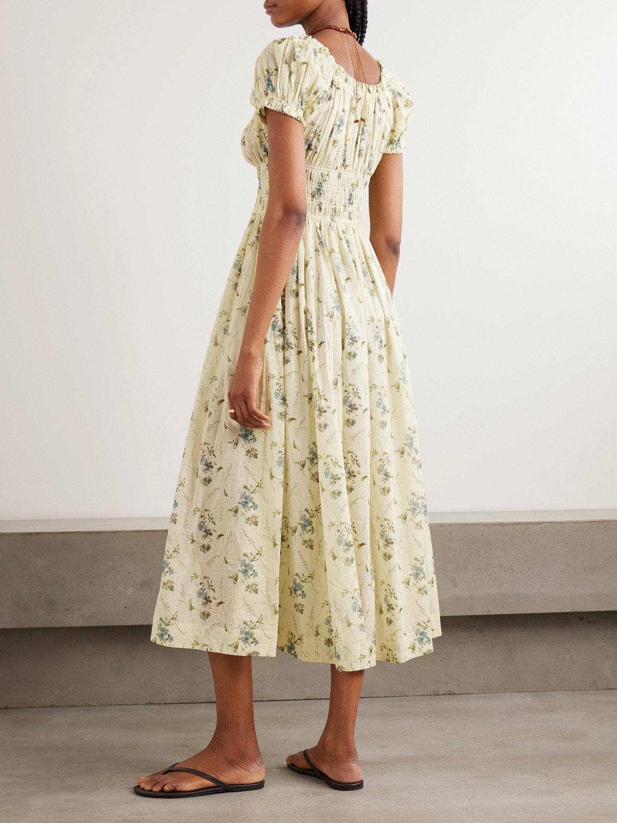 Ashlynn Tie-detailed Shirred Floral-print Organic Cotton-voile Midi Dress - Yellow