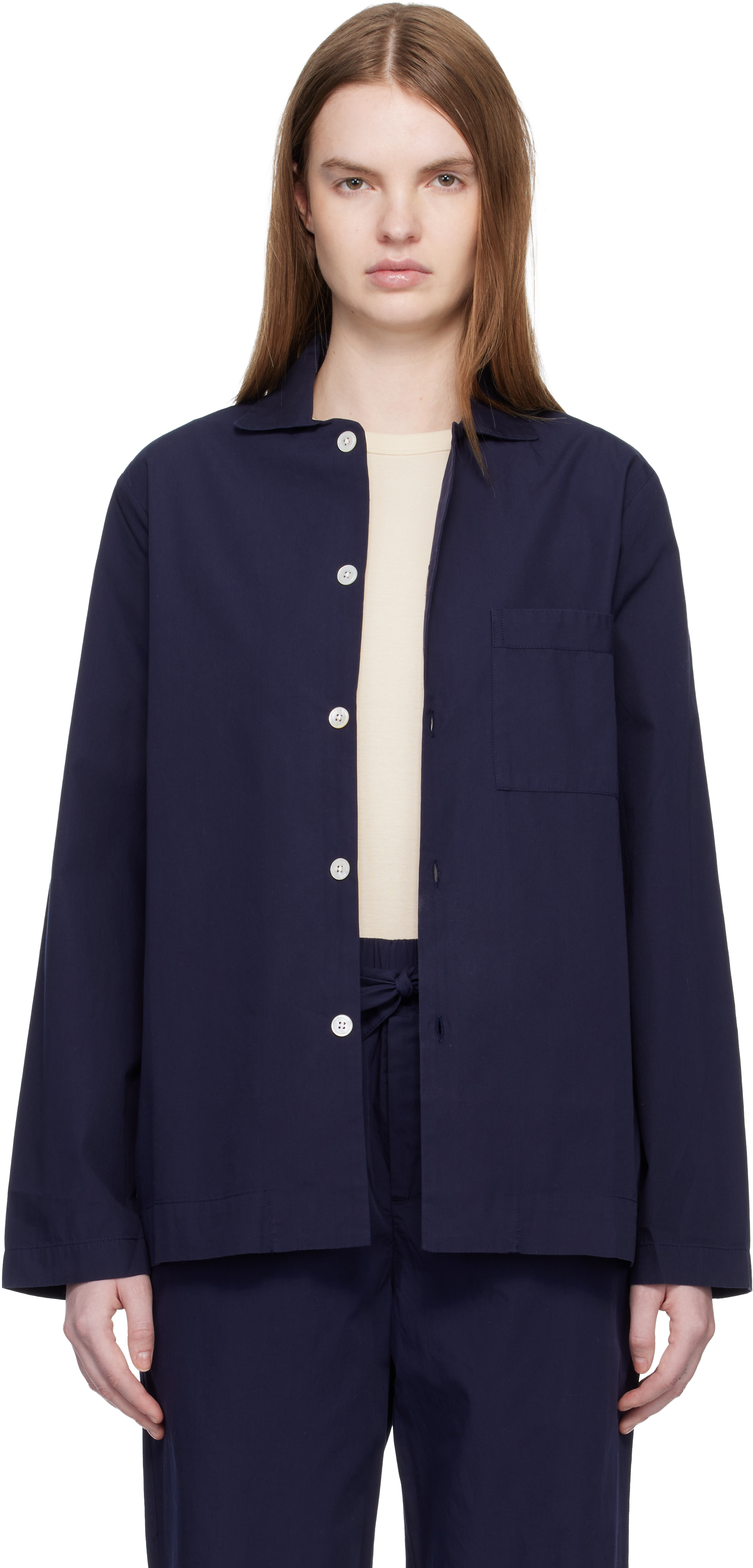 Navy Poplin Long-Sleeved Pyjama Shirt