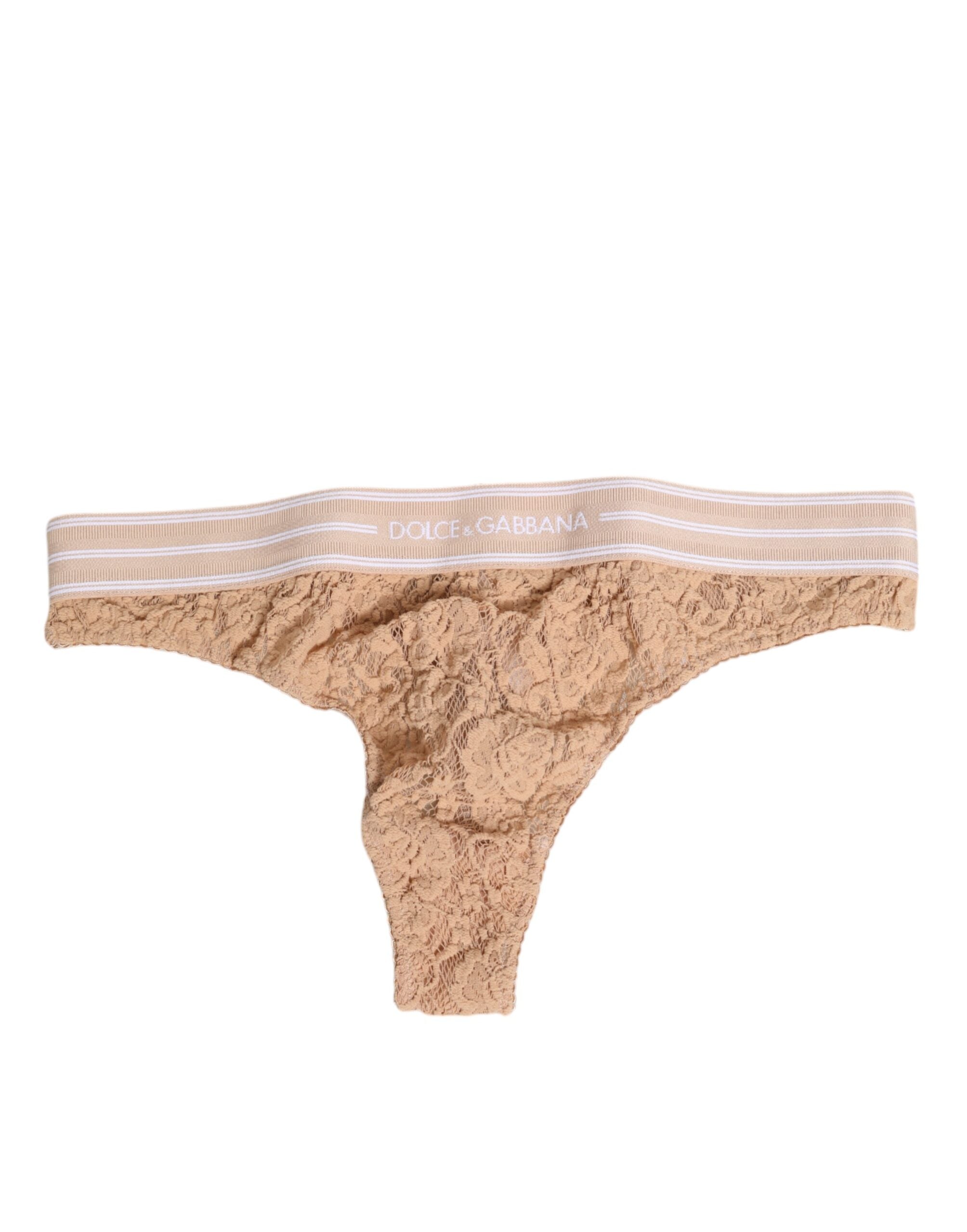 Lace Logo-Waist Thong — Beige