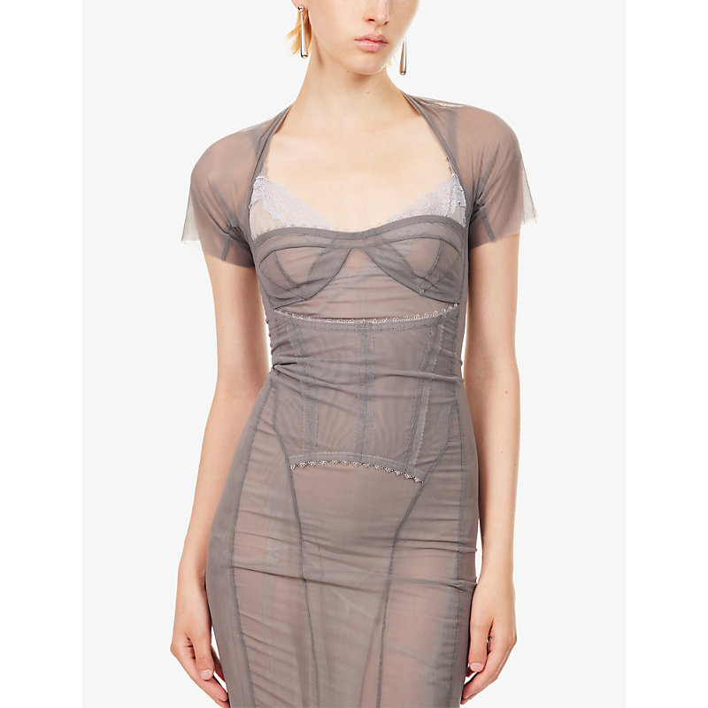 Womens Cloudy Border Short-Sleeve Stretch-Mesh Maxi Dress