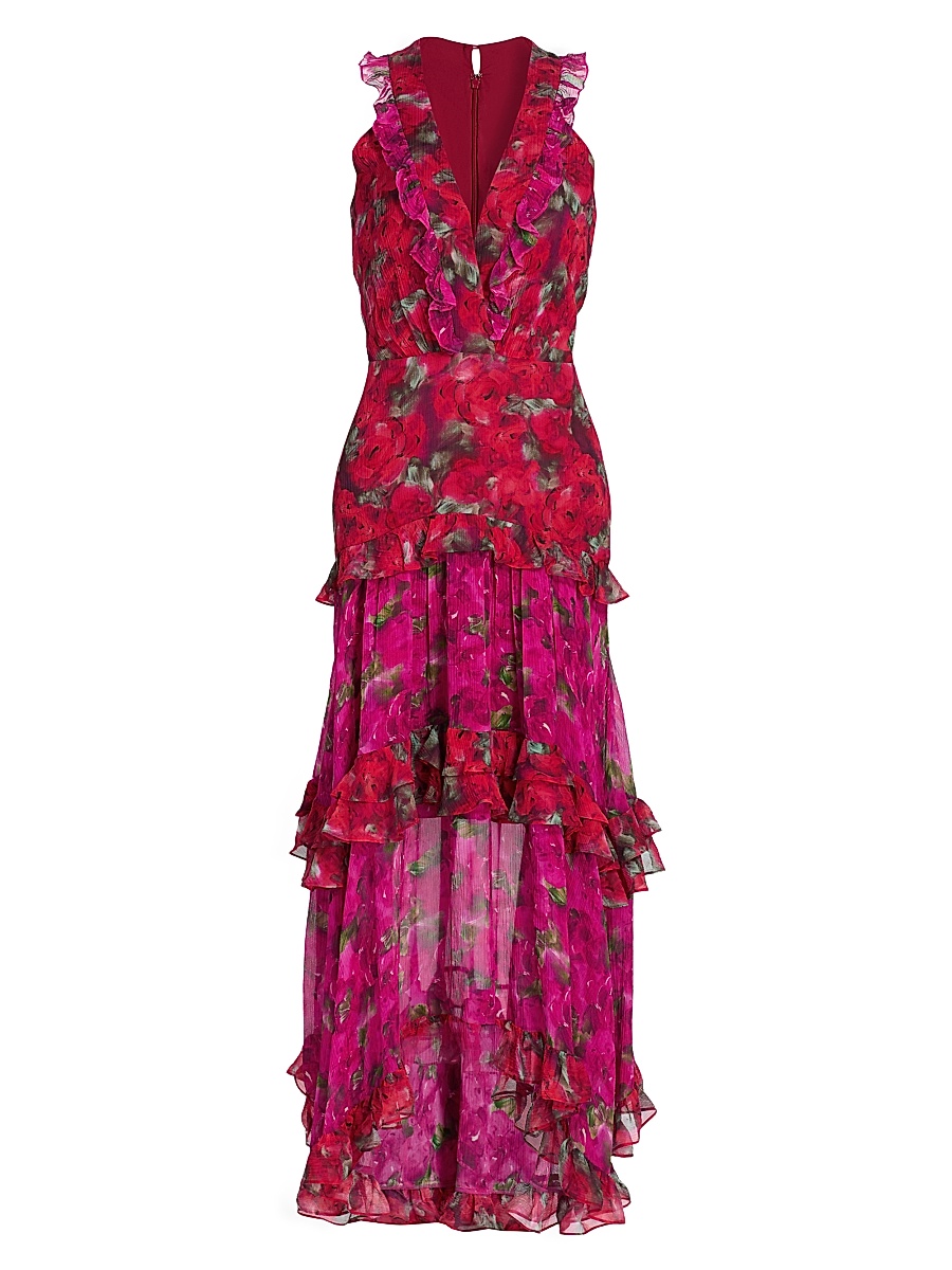Women's Jolie Frilled Floral Midi-Dress - Magenta Rosebud