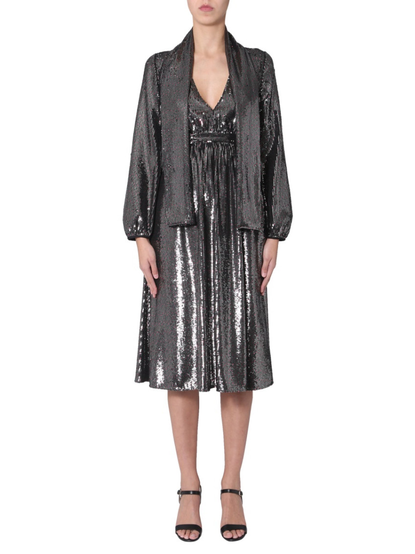 Silver Embellished V Neck Midi Dress