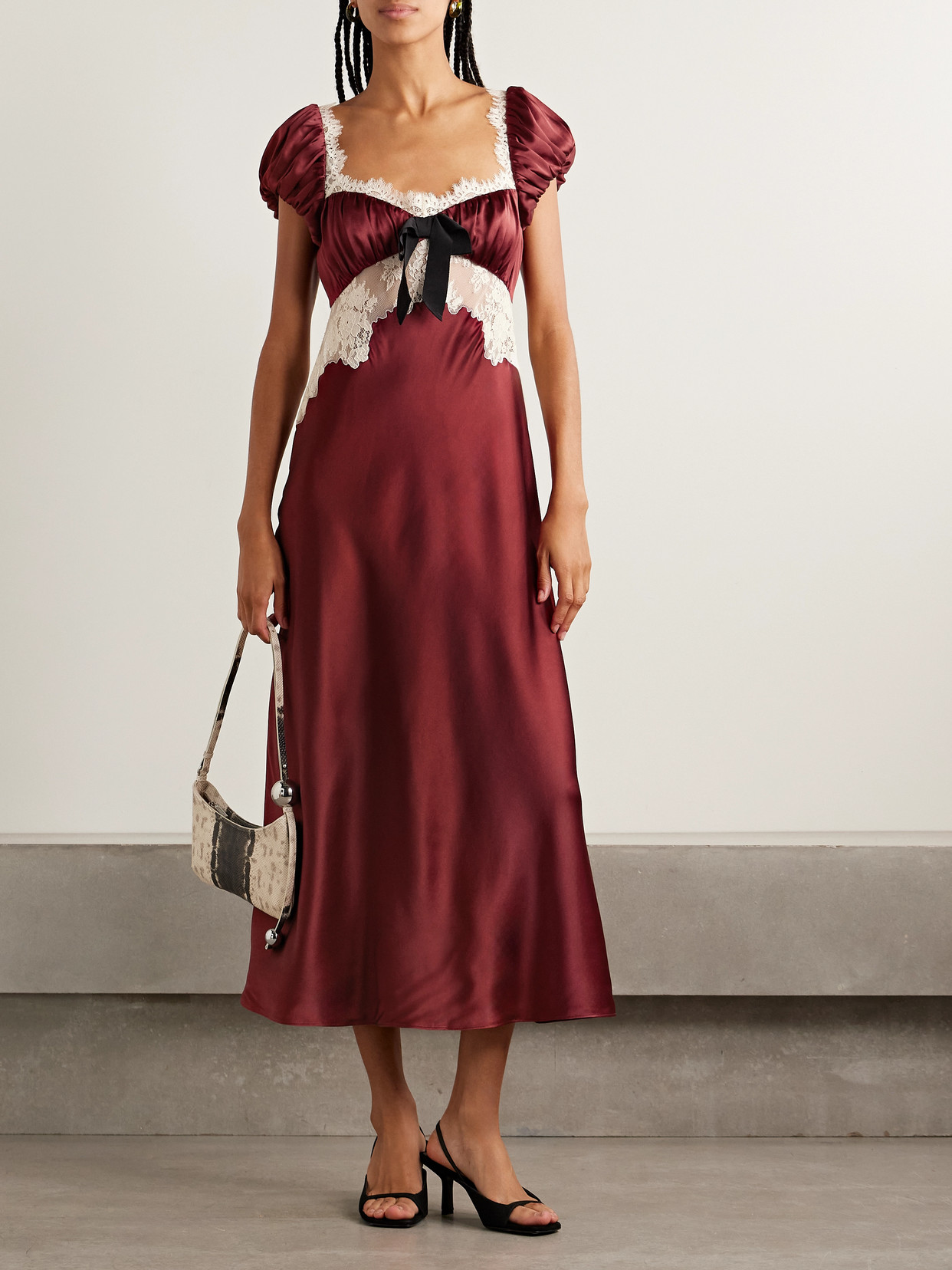 Veda Bow-detailed Corded Lace-trimmed Silk-charmeuse Midi Dress - Red