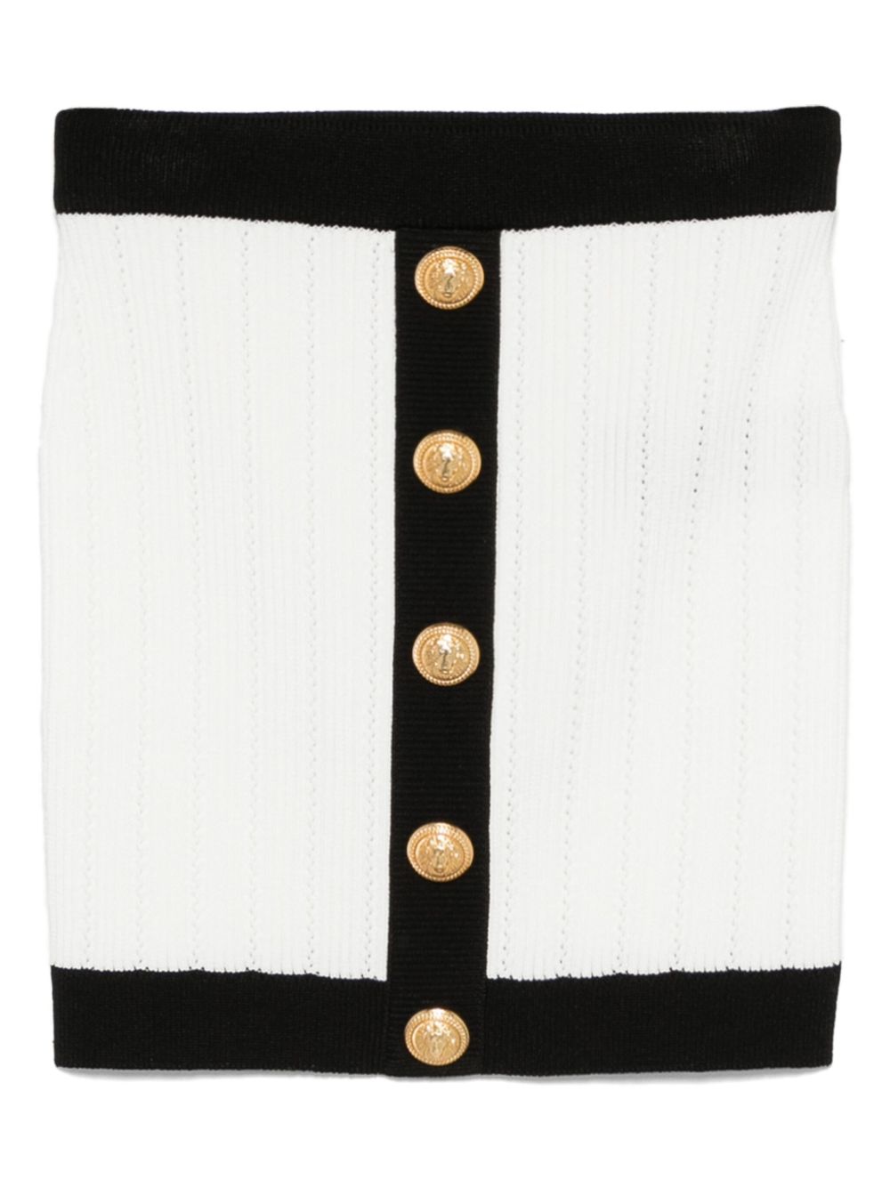 Button-Embellished Two-Tone Ribbed Knit Mini Skirt — White