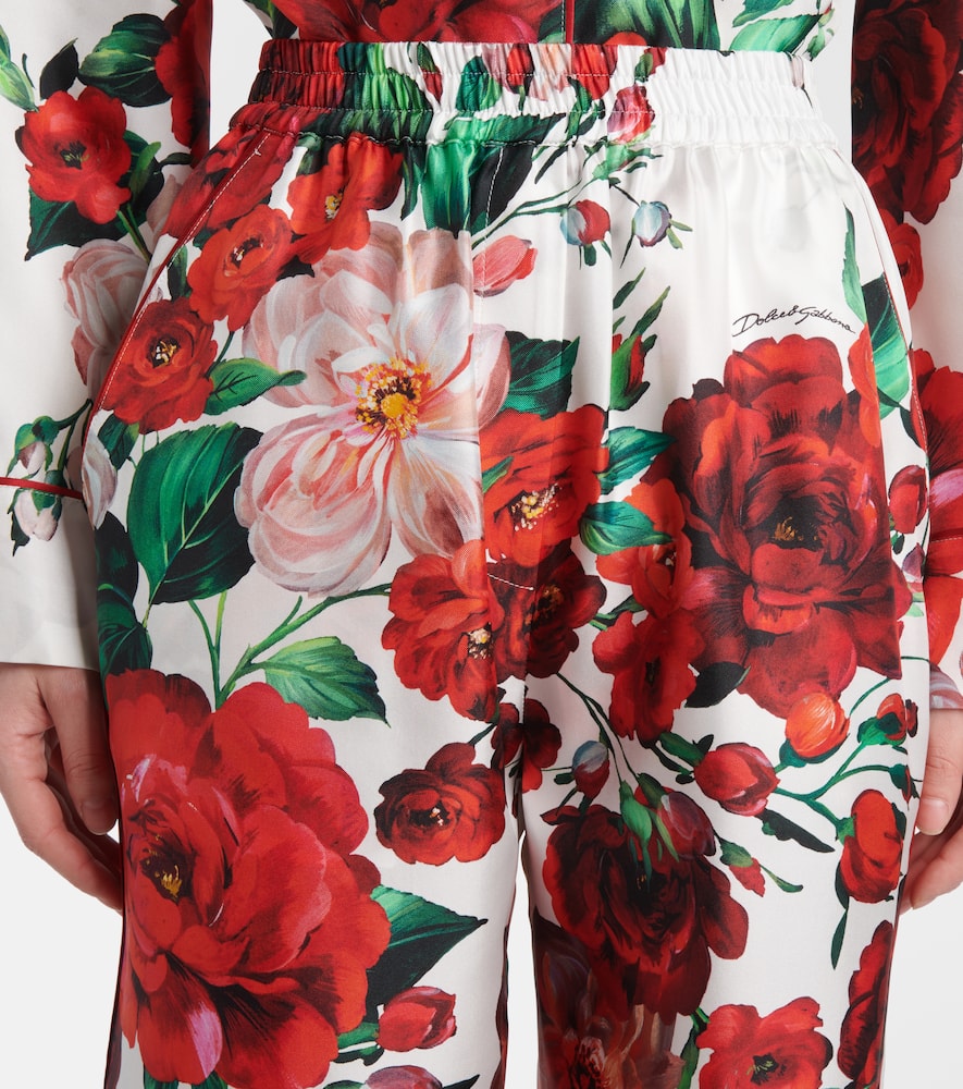 Floral silk satin wide-leg pants