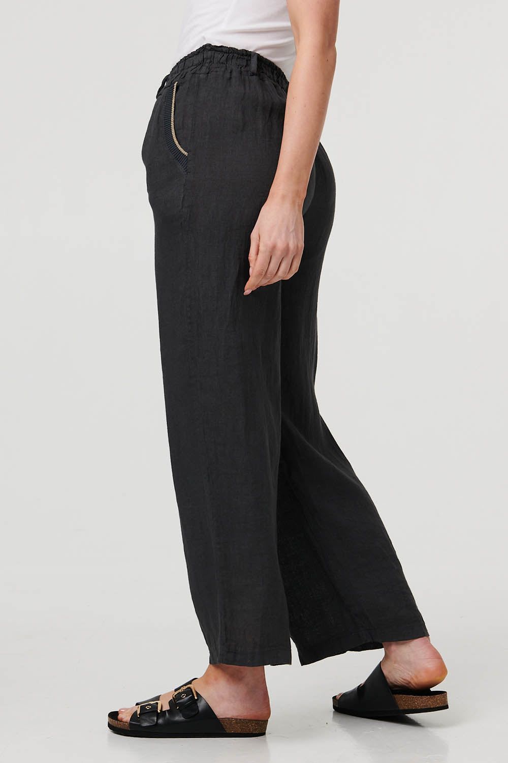 Izabel London Women's High Waist Wide Ankle Length Trousers in Charcoa