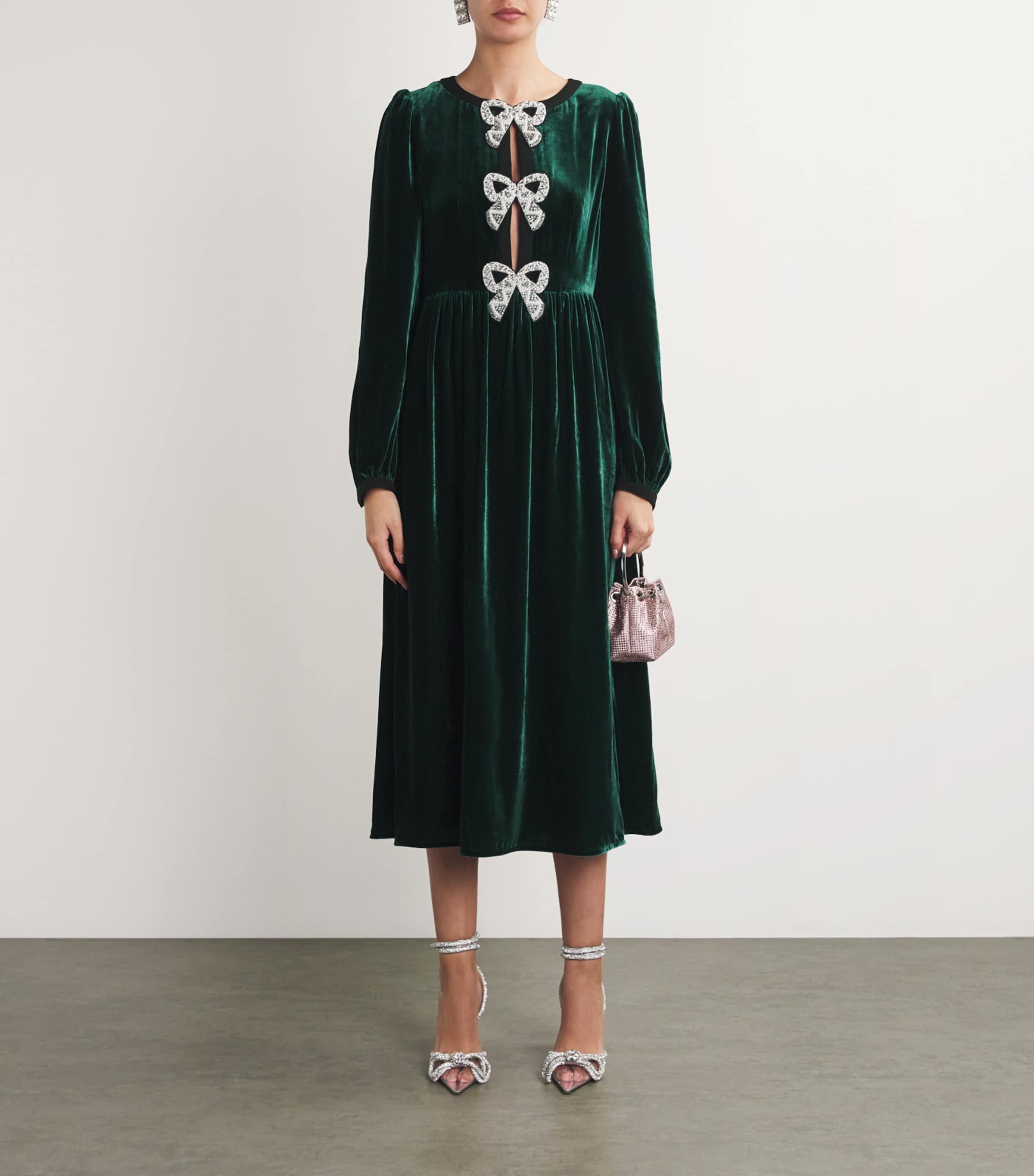 Velvet Embellished Camille Bows Midi Dress