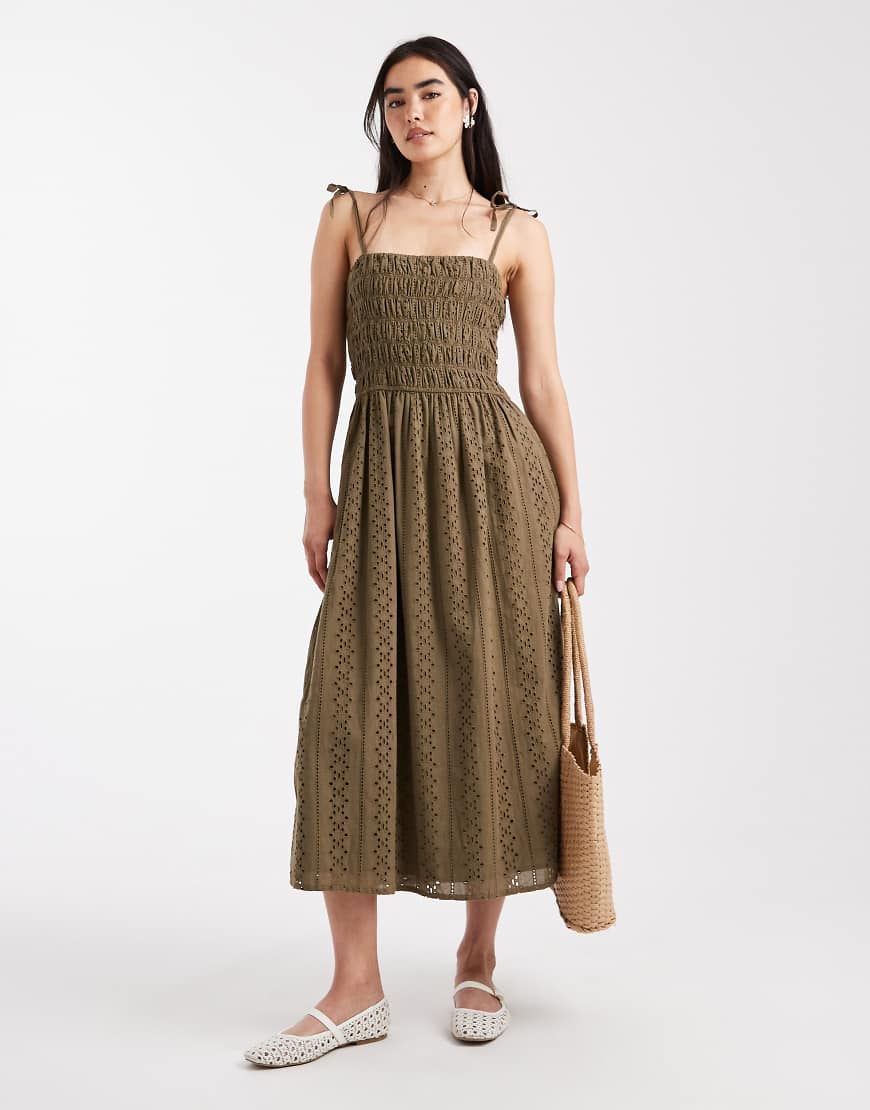 Strappy broderie maxi dress in khaki-Green
