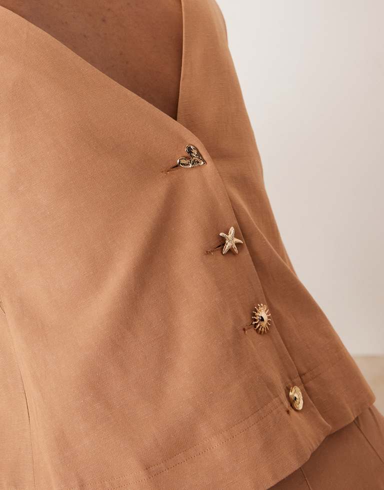 ASOS DESIGN Womens tailored high neck button back top with mixed buttons co-ord in tan - Beige