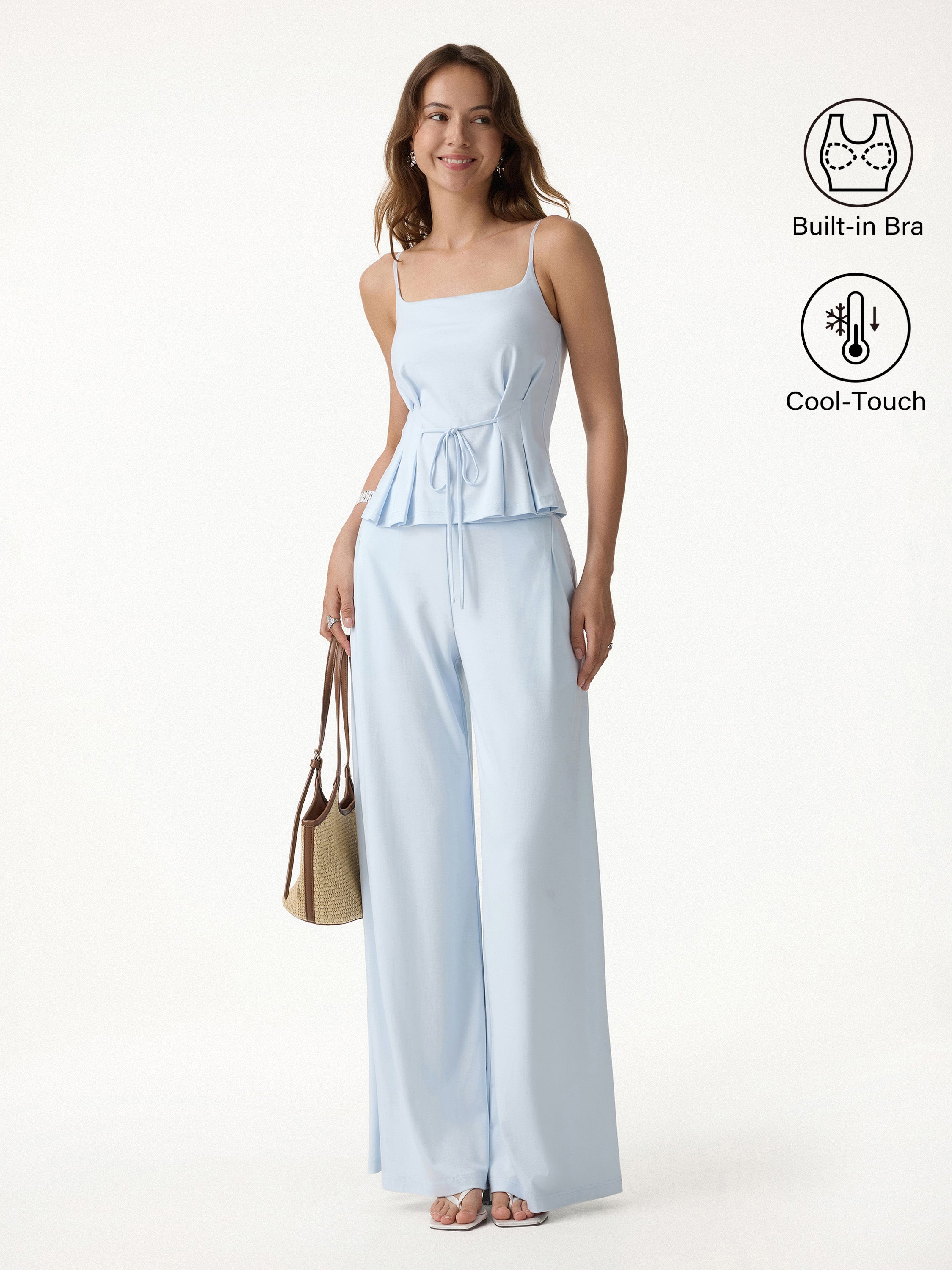 2Pcs Set Spaghetti Brami & Wide Leg Pants with Pockets - Blue Air / XS