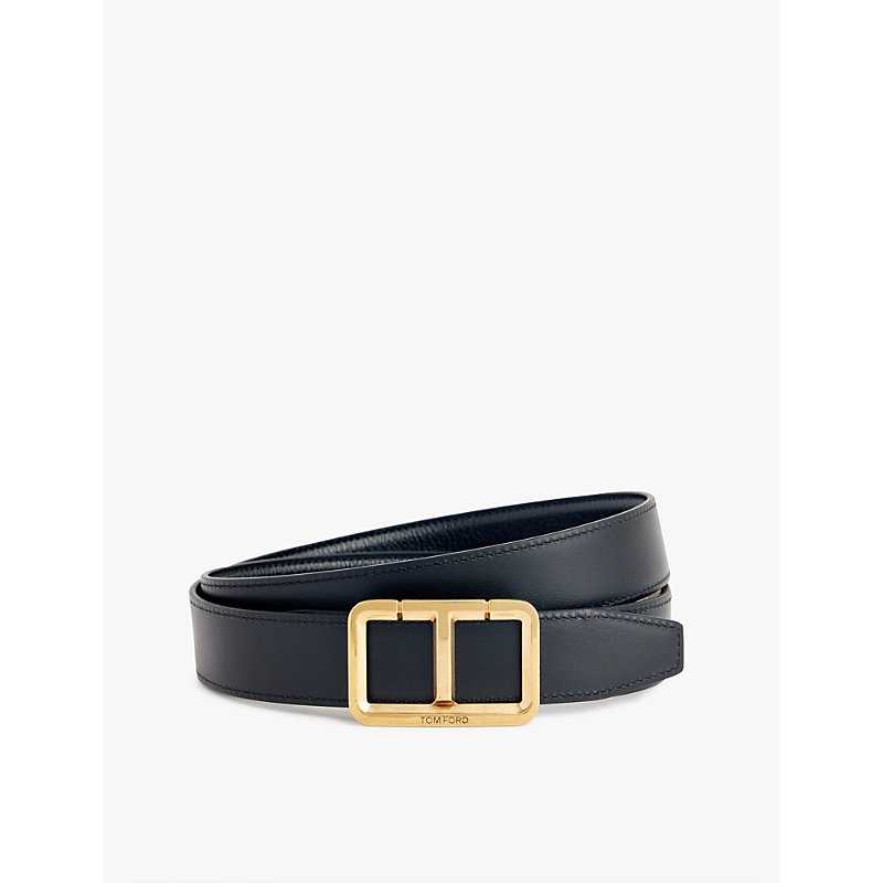 Mens Black Branded-buckle Leather Belt