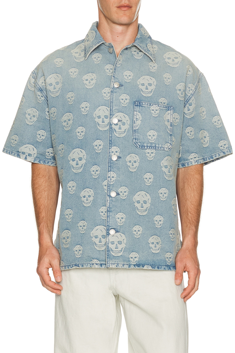 McQueen Denim Camp Collar Shirt in Blue Washed - Blue. 50 also