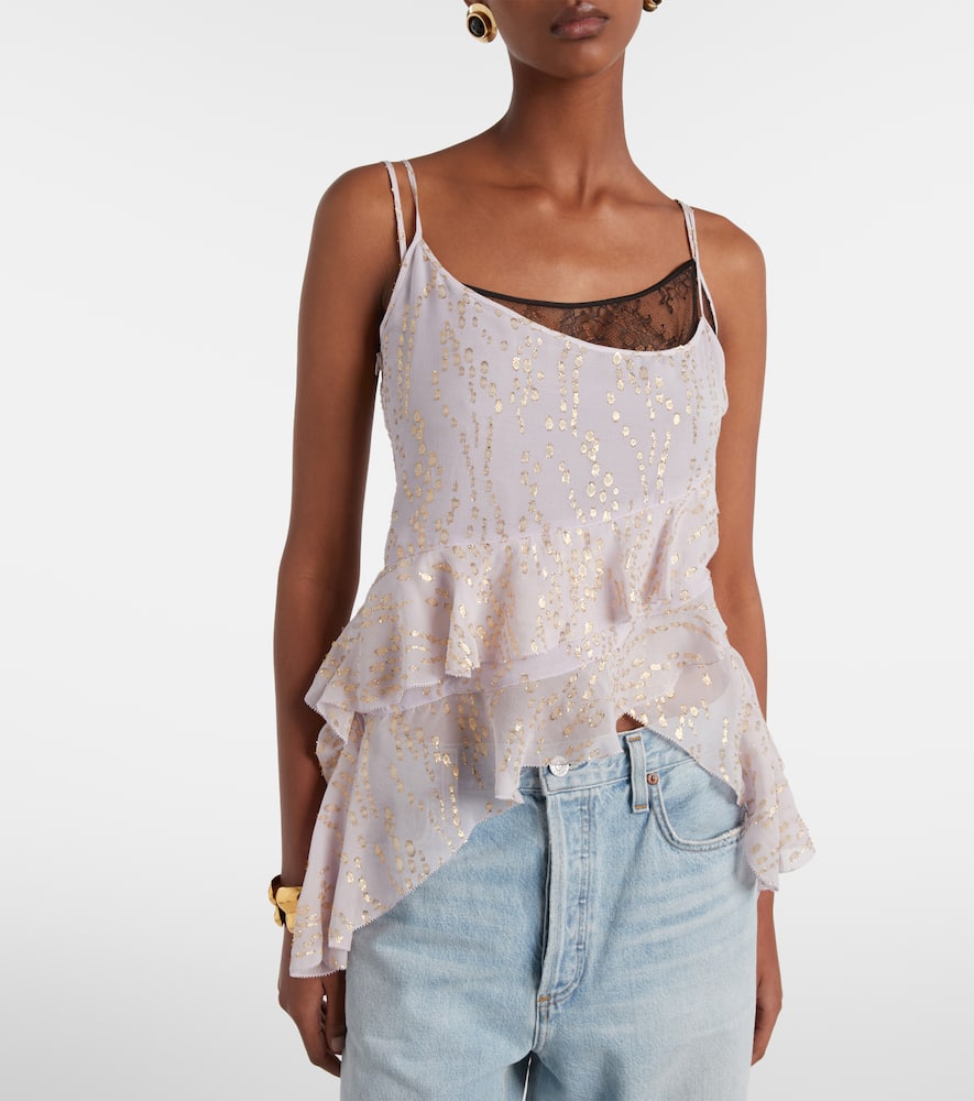 Printed ruffled asymmetric silk-blend top