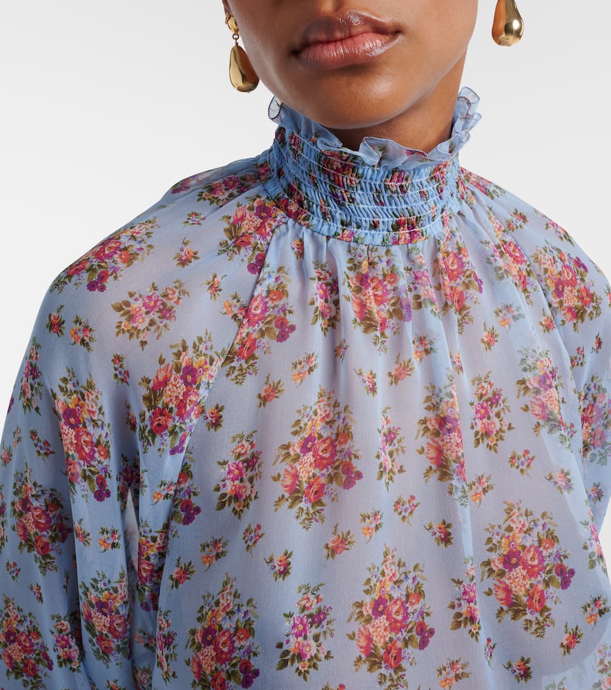 Floral ruffled silk and cotton blouse