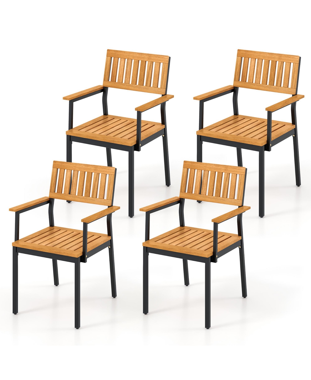 Dining Chair Set of 4 w/Acacia Wood Backrest Slanted Seat Comfortable Armrests - Natural+black